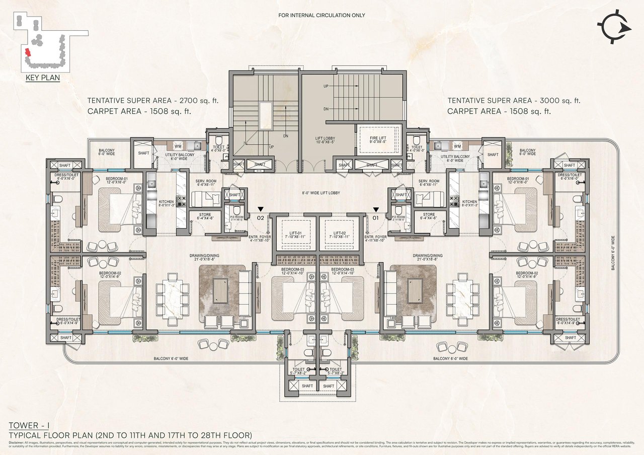 3 BHK + Servant Room floor plan - Tower 1, KS One-O-8
